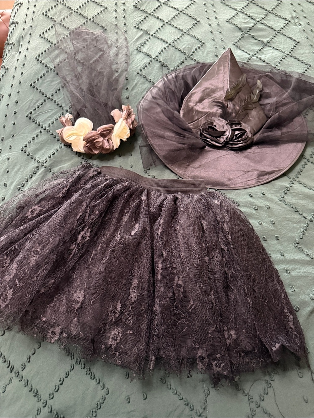 Witch Costume Accessories - Tulle Skirt, silk hat and floral headband